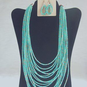 Multi-strand faux turquoise necklace with earrings